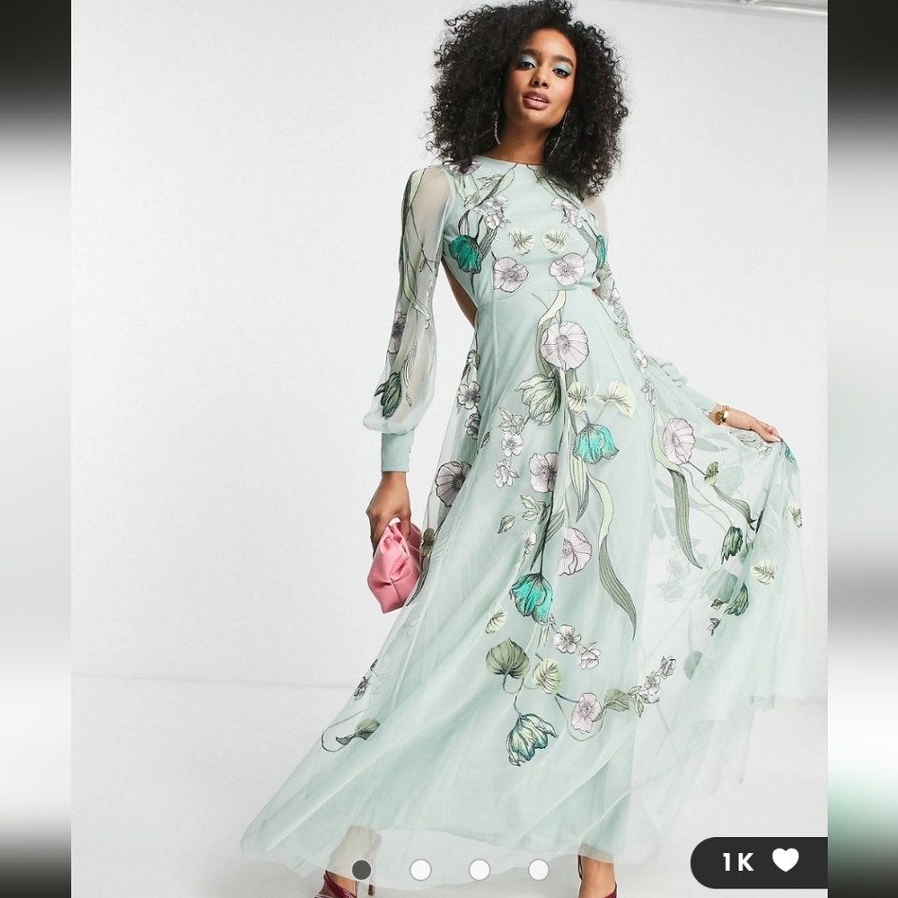 ASOS EDITION embroidered floral nouveau placement maxi dress in green sz 2 NWT